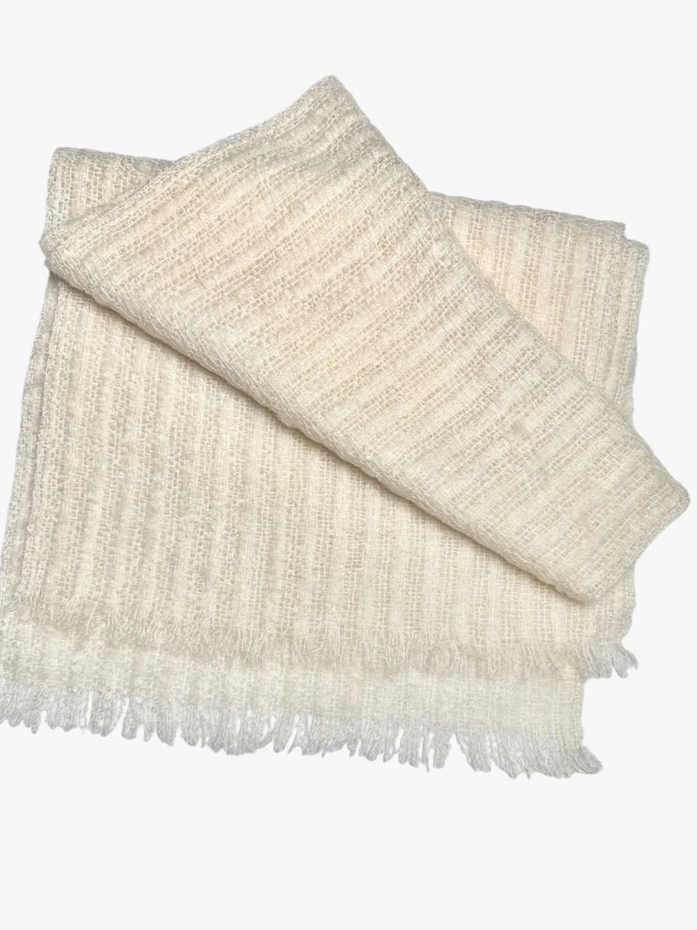 Donegal Design Ireland Large Oblong Scarf Mohair Wool Ivory Handwoven Fringe - Picture 6 of 8